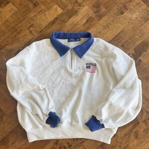 Polo by Ralph Lauren White Pullover Sweatshirt with Blue Collar & Cuffs